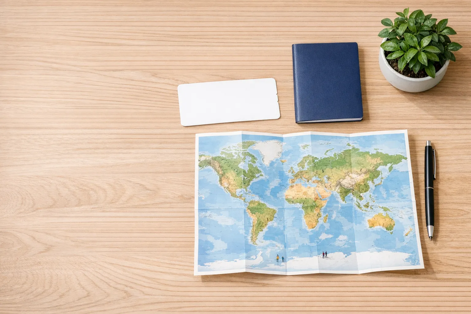 Passport, ticket and world map laid out on a desk
